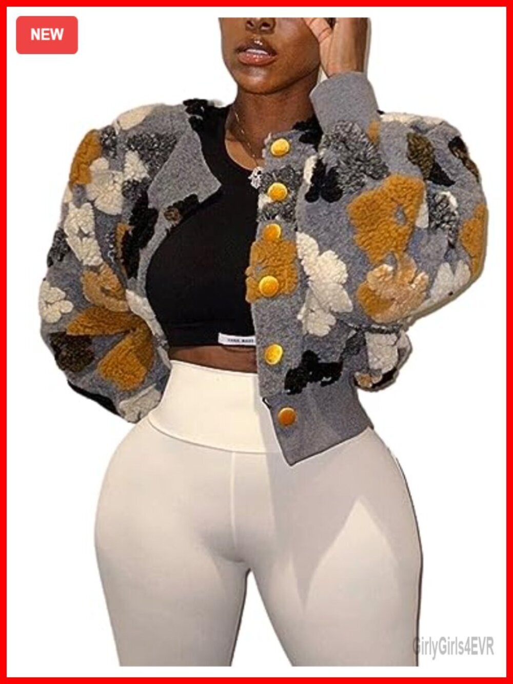 Cropped Floral Print Fleece Bomber Jacket Casual Button Down Coat